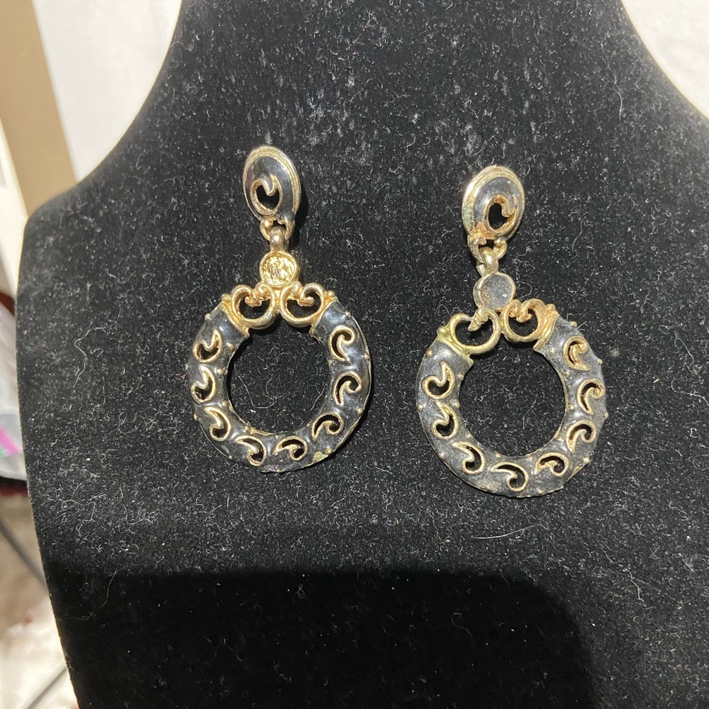 Vintage Etruscan Style Gold Tine Filigree Open Circle Hoop Dangle Earrings